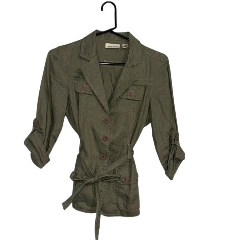 DKNY Jeans Womens XS Linen Jacket With Belt & Button Details In Olive Green
